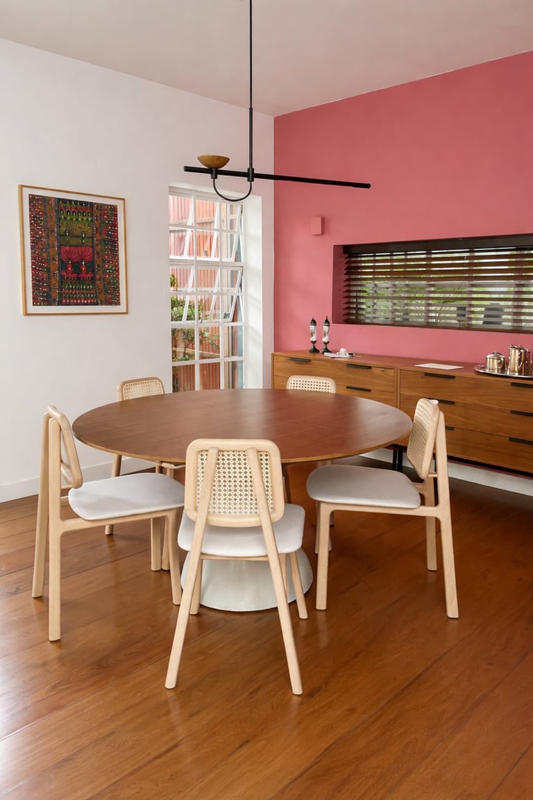 Modern mid-century dining room with round wood table, light wood chairs with woven backs, pendant light, and coral pink accent wall with wooden furniture.