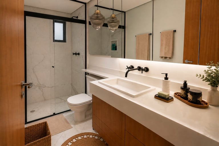 Modern bathroom with wood cabinetry, white countertop with rectangular sink, black fixtures, walk-in shower with glass doors, and pendant lighting