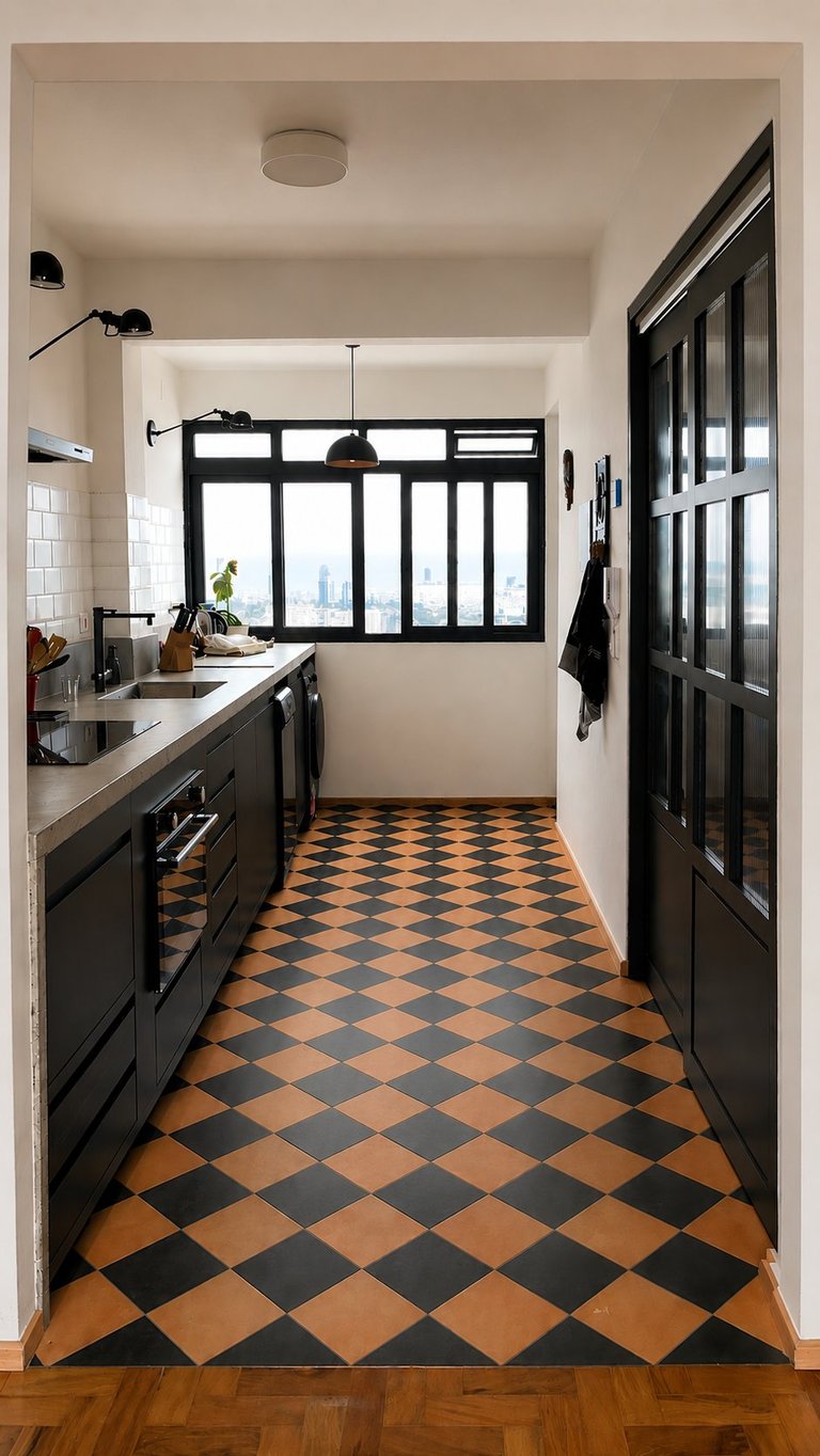 Modern galley kitchen with black cabinetry, orange and black diamond-patterned floor, and large windows overlooking cityscape